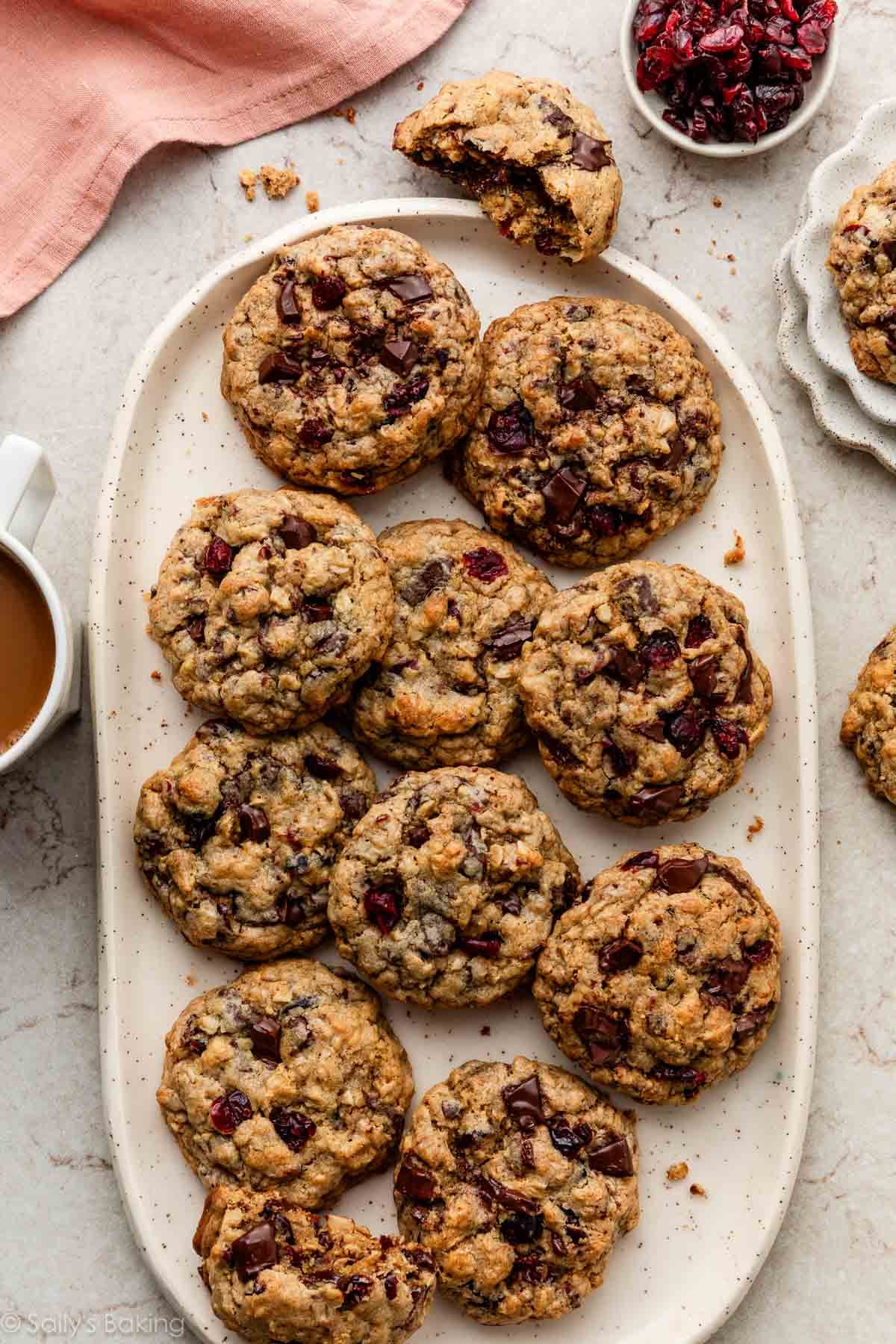 dark chocolate cranberry oatmeal cookies on platter.