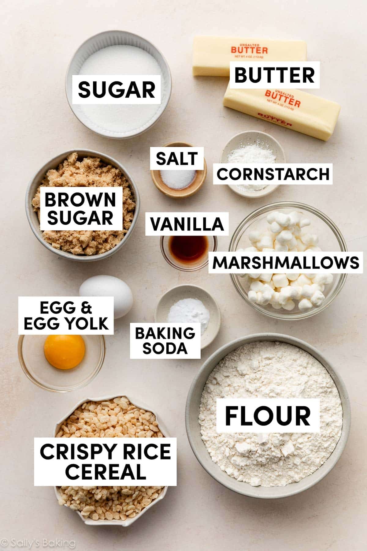ingredients in bowls including flour, rice krispies cereal, baking soda, brown sugar, vanilla, butter, and cornstarch.