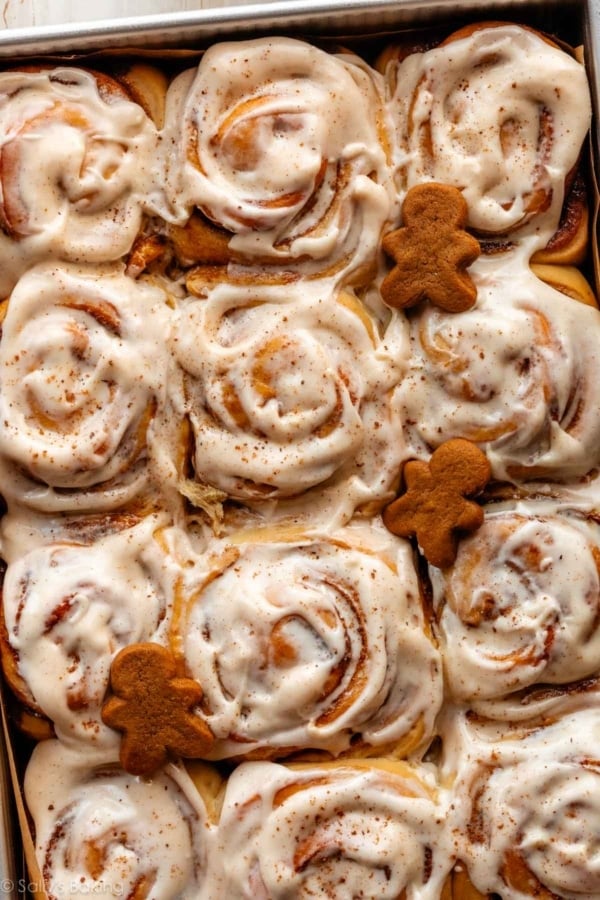 gingerbread cinnamon rolls with spiced cream cheese frosting.