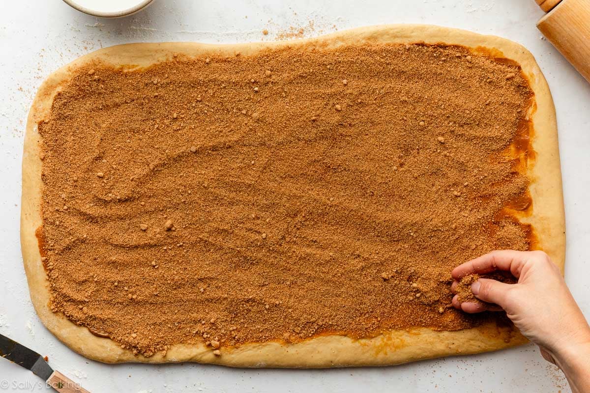 hand sprinkling cinnamon spice filling on top of dough.