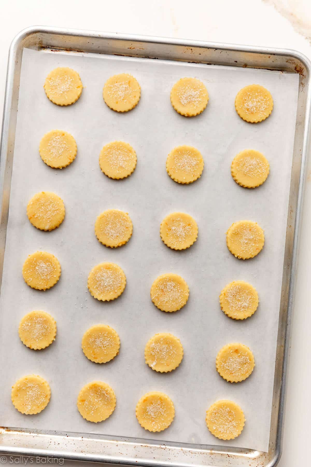 circle-shaped cookies on lined baking sheet.