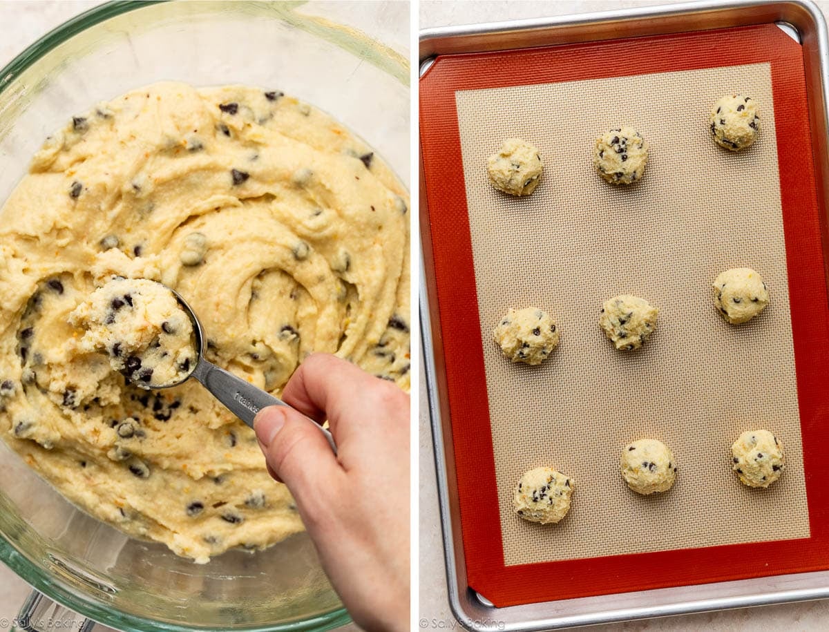 hand measuring cookie dough and dough shown on lined baking sheet.