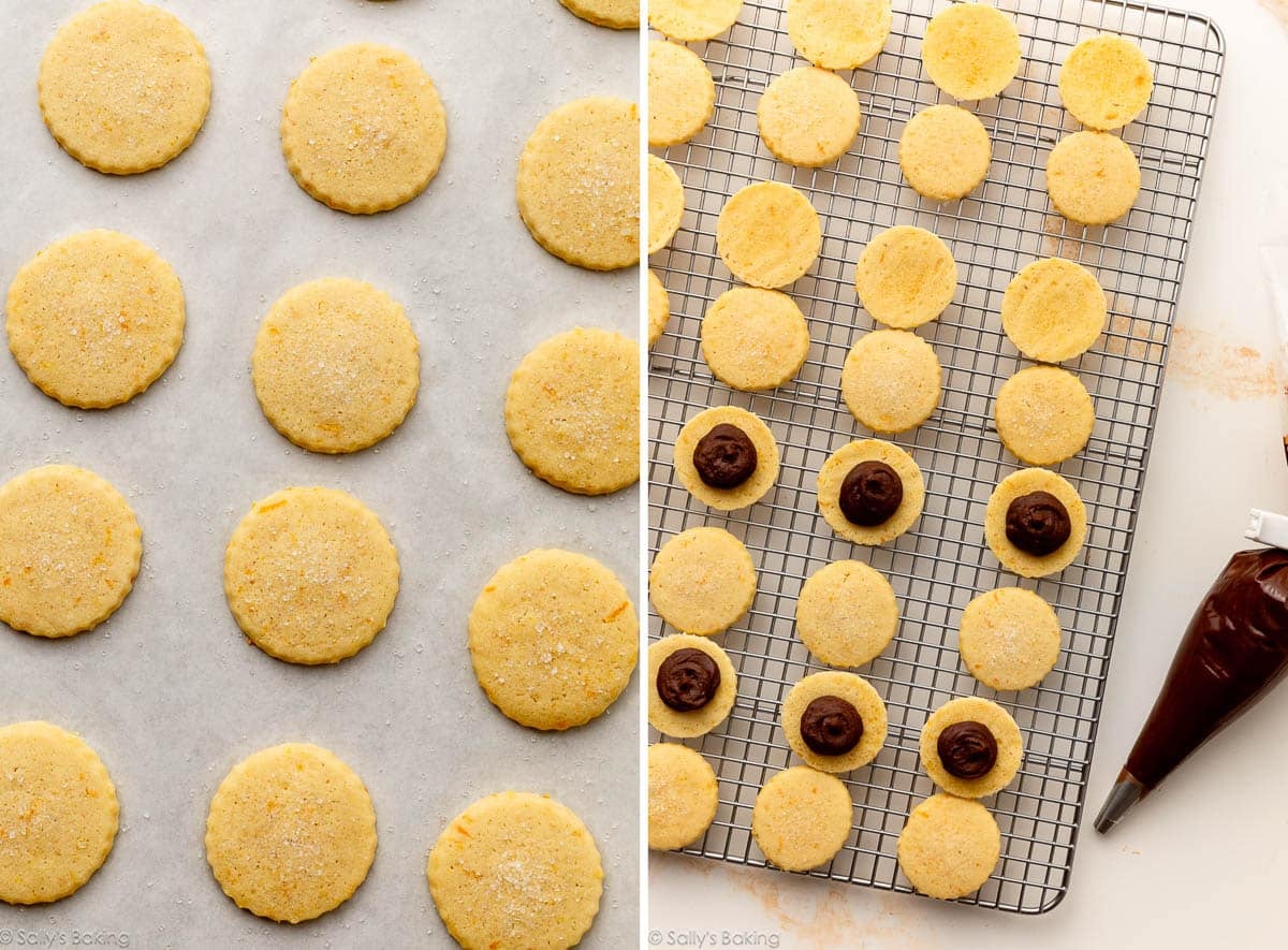 orange butter cookies and shown again on cooling rack with chocolate ganache piped on top.