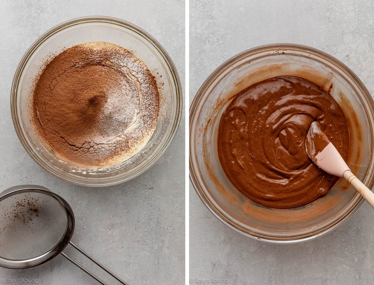 dry ingredients sifted in bowl and batter mixed together.