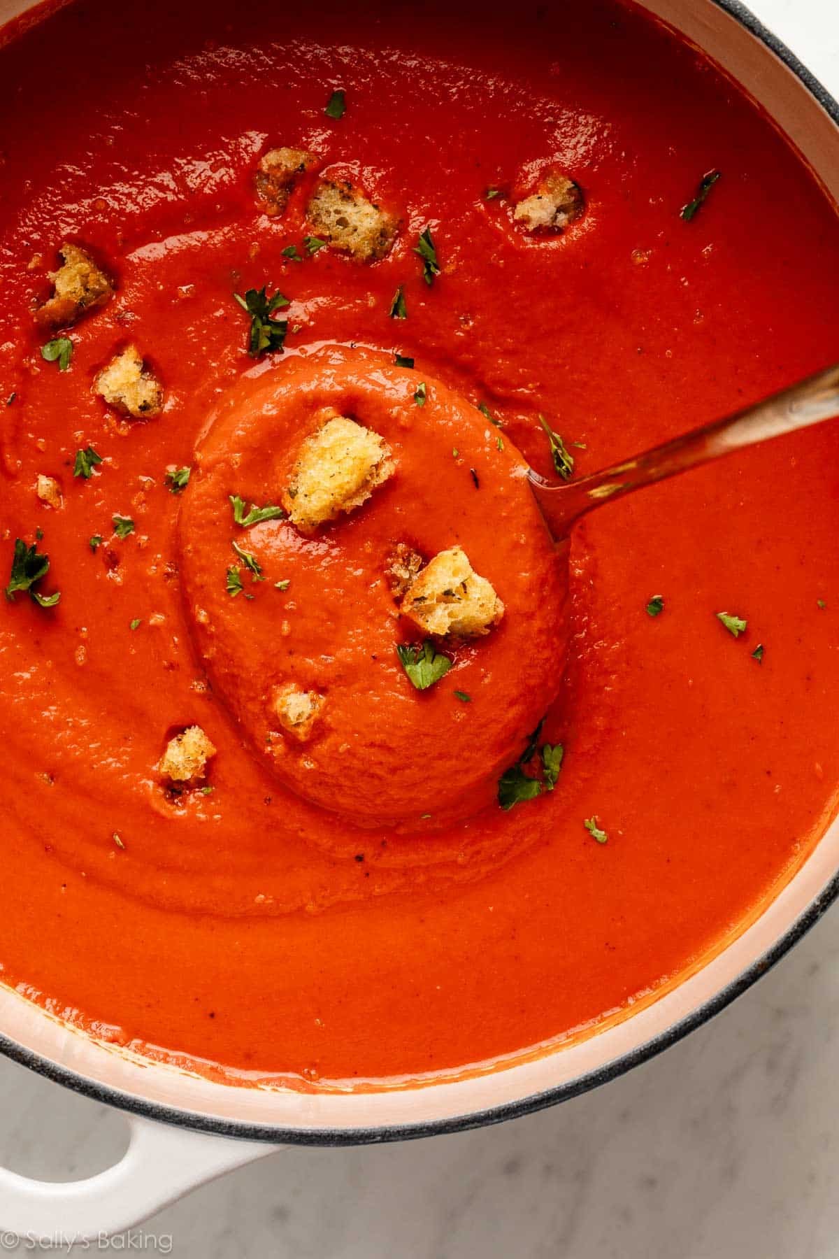 homemade tomato soup with croutons.