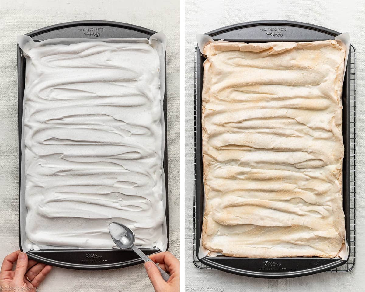 meringue mixture in pan before and after baking.