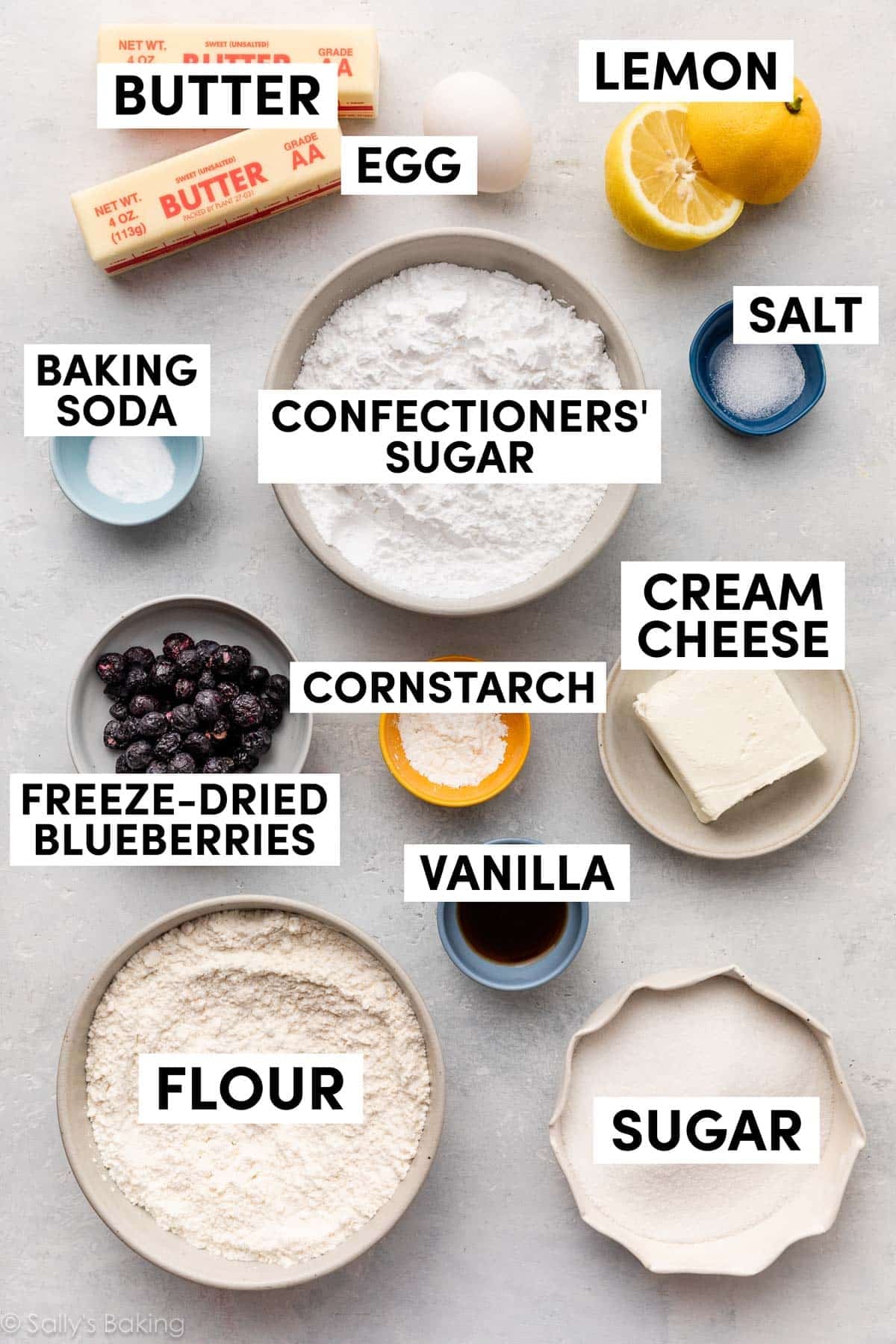 ingredients measured in bowls including cream cheese, flour, sugar, butter, baking soda, and salt.