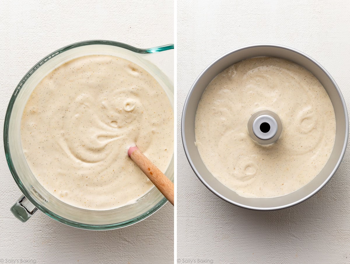batter in bowl and shown again in tube pan.