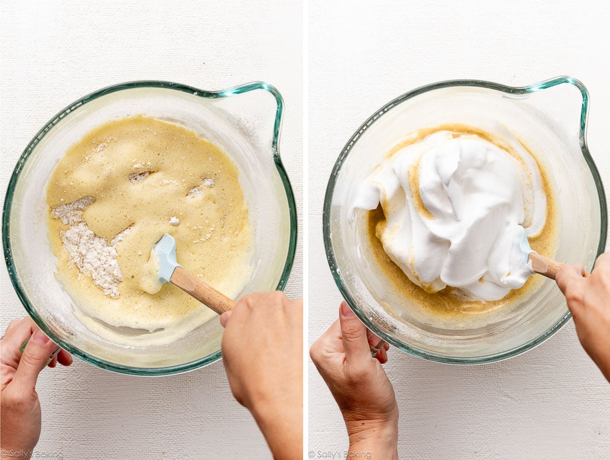 hand folding ingredients into batter.