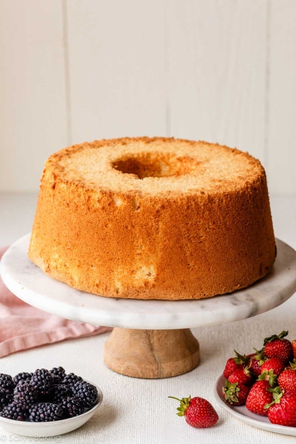 chiffon cake on cake stand.