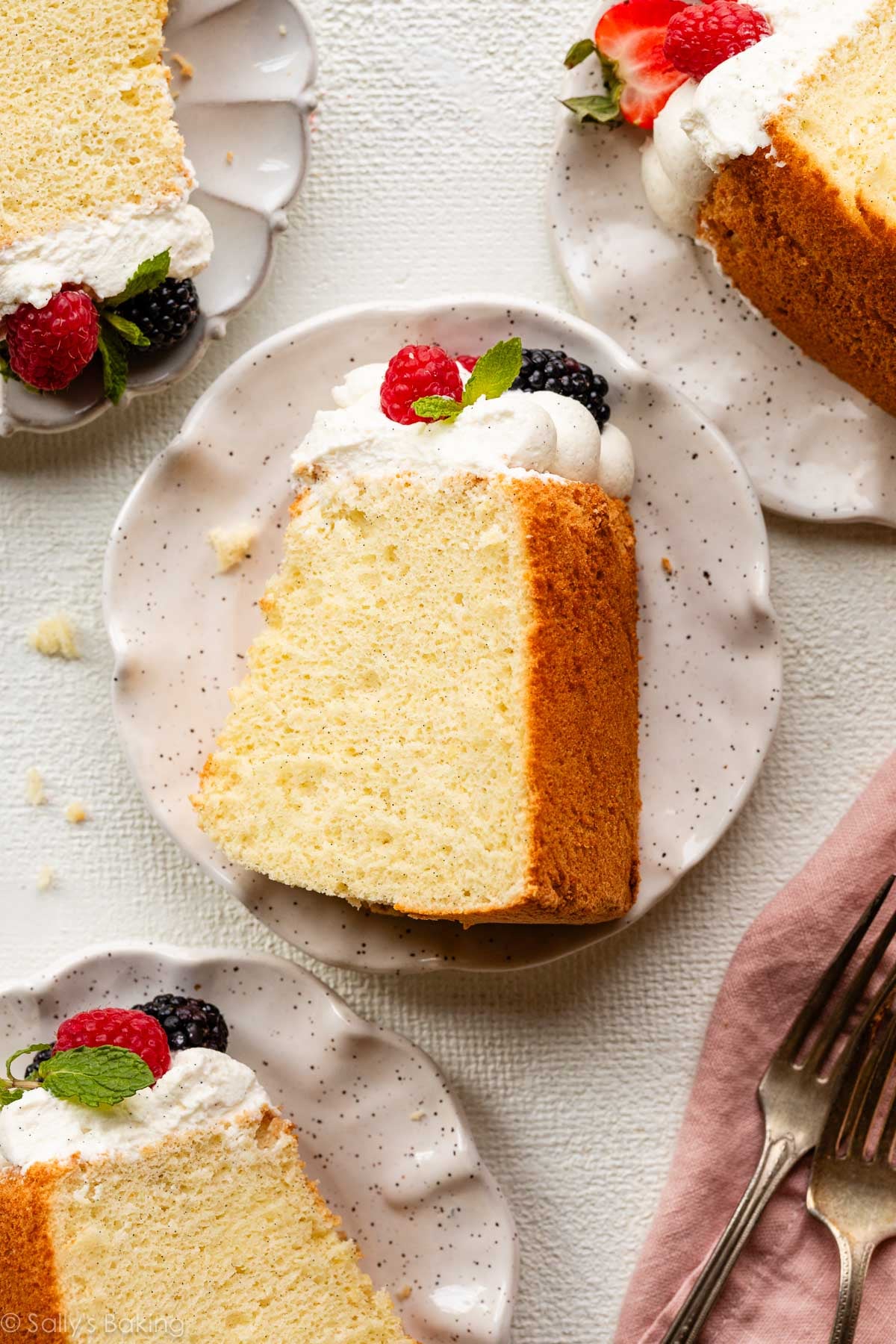 slices of chiffon cake on plates.