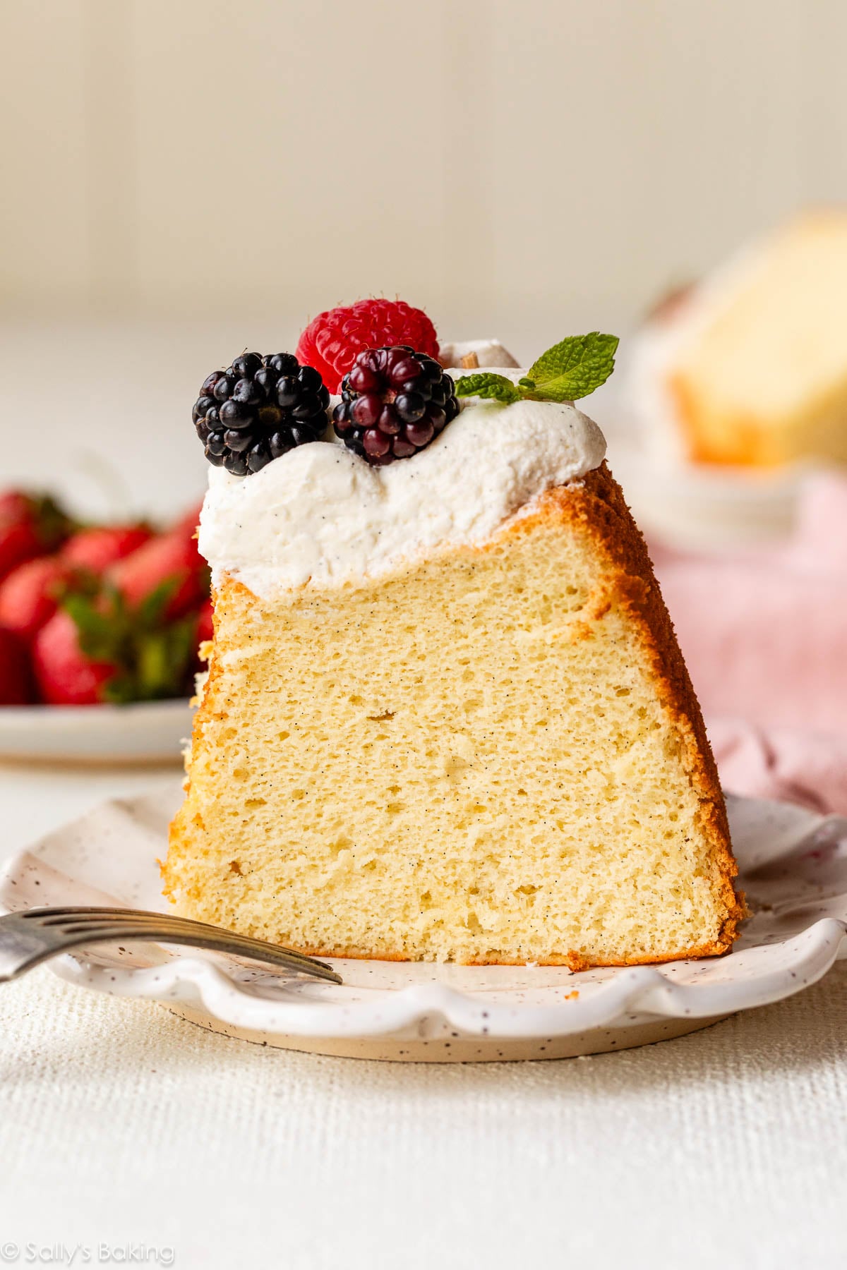 slice of chiffon cake on plate.