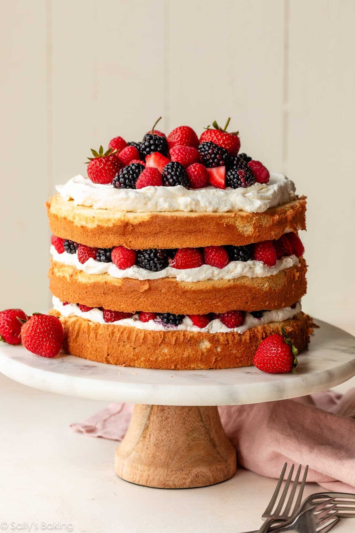 chiffon layer cake with berries.