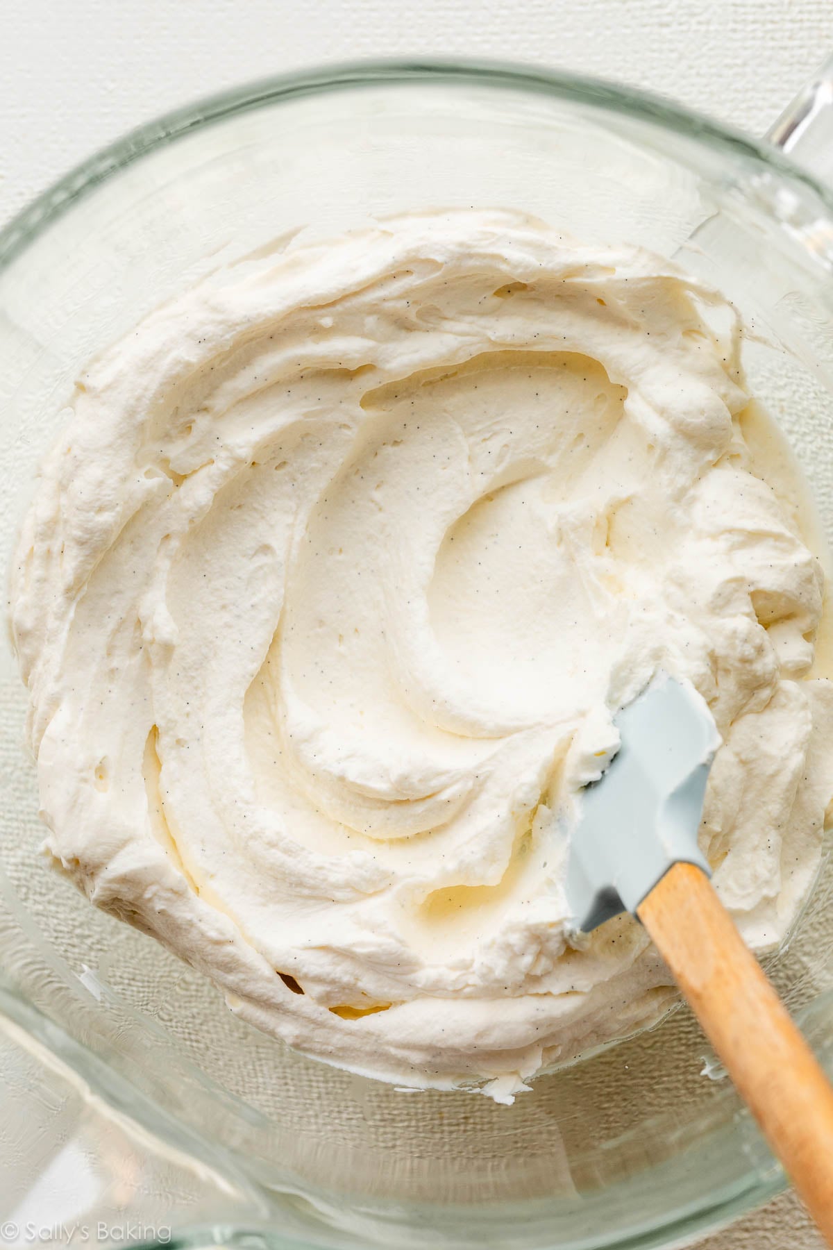 whipped mixture in glass bowl.