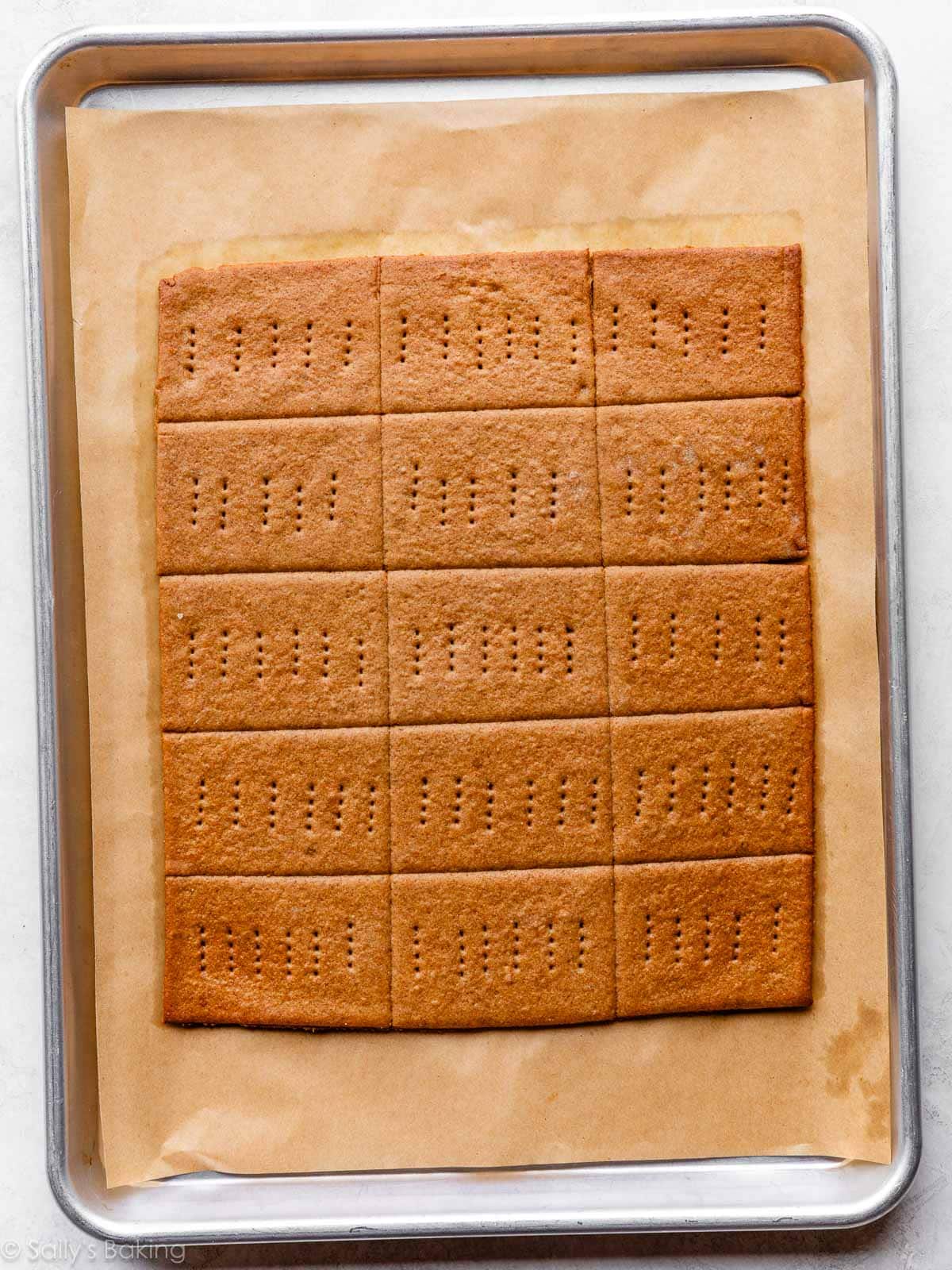 homemade graham crackers baked on a lined baking sheet.